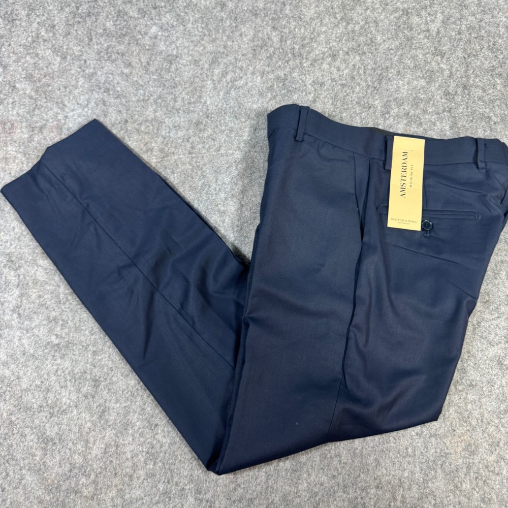 Scotch & Soda Amsterdam Modern Fit Navy Blue Solid Basic Dress Trousers 30x30